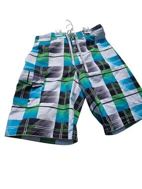 Men's Plaid Cargo Swim Shorts in Blue & Green
